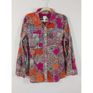 Chico’s Scarf Print Gauzy Boho Button Up Collared Multi ColorCotton Shirt Sz XL